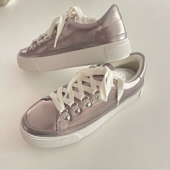 ALLSAINTS Womens Silver Metallic Quinn Round Toe Platform Leather Sneakers Shoes - Picture 5 of 10